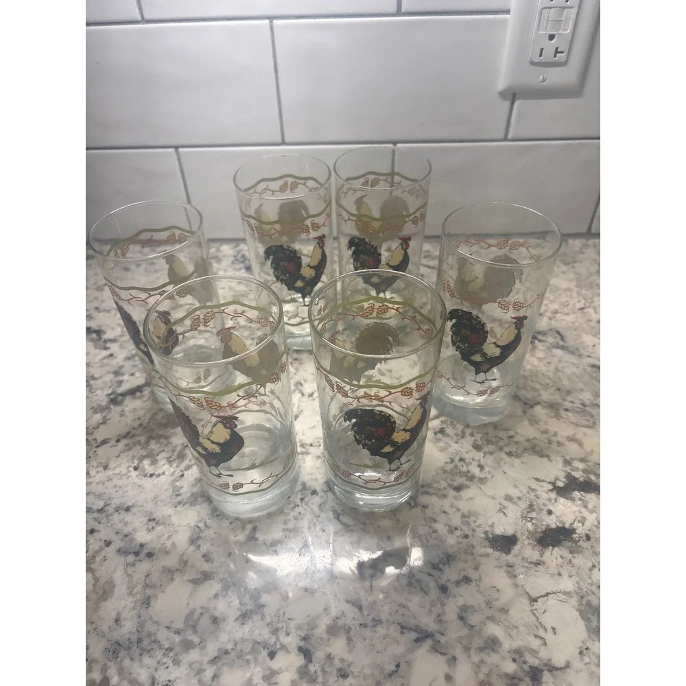 Vintage Rooster Farmhouse Juice Glasses Set of 6 Country Kitchen Tumblers